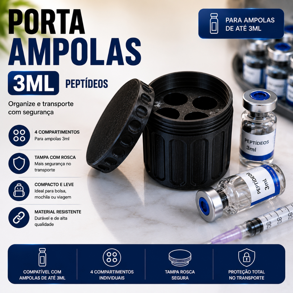 Porta Peptídeos 3ml Organizador Ampolas 4 Compartimentos Compacto Com Tampa