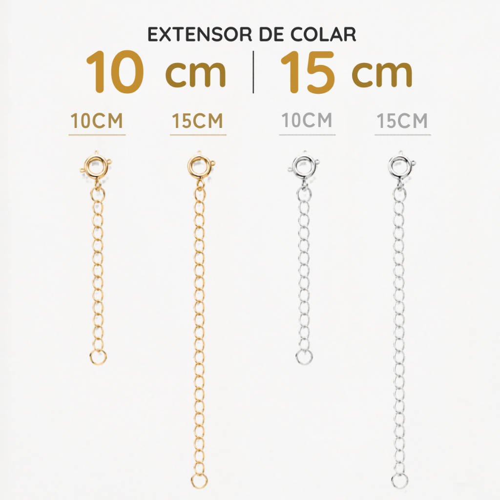 Prolongador para Colar Pulseira 10cm e 15cm Banhado - Alongador Corrente Extensor