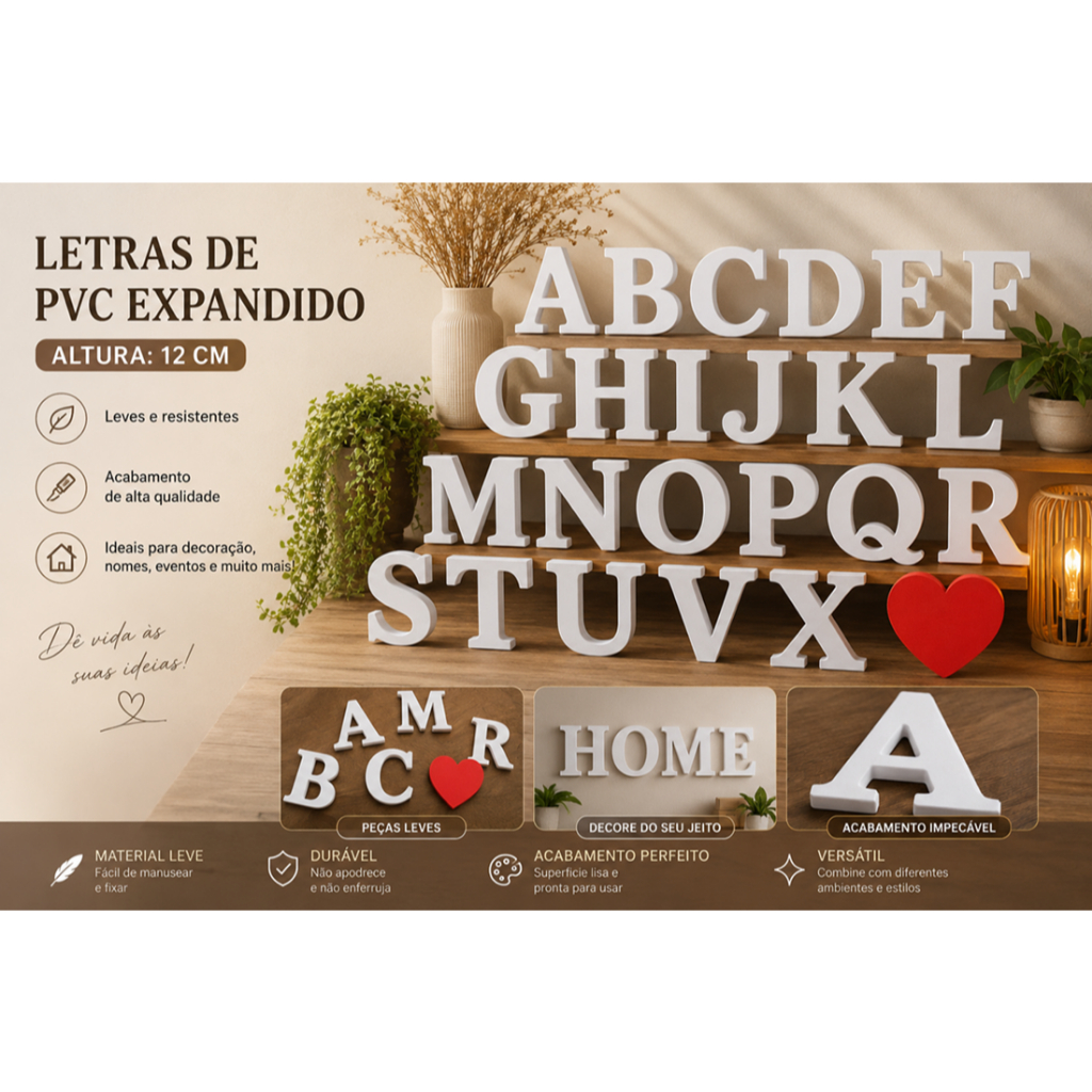 Letras Para Enfeite de Mesa branco 12cm Altura (grossas) fachada, decoração interna e externa - Cor branca