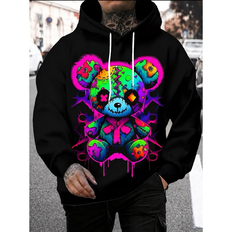 Moletom com Capuz Masculina Casual Esportiva,Estampa de Urso, Corte Regular, Bolso com Cordão  Primavera Inverno