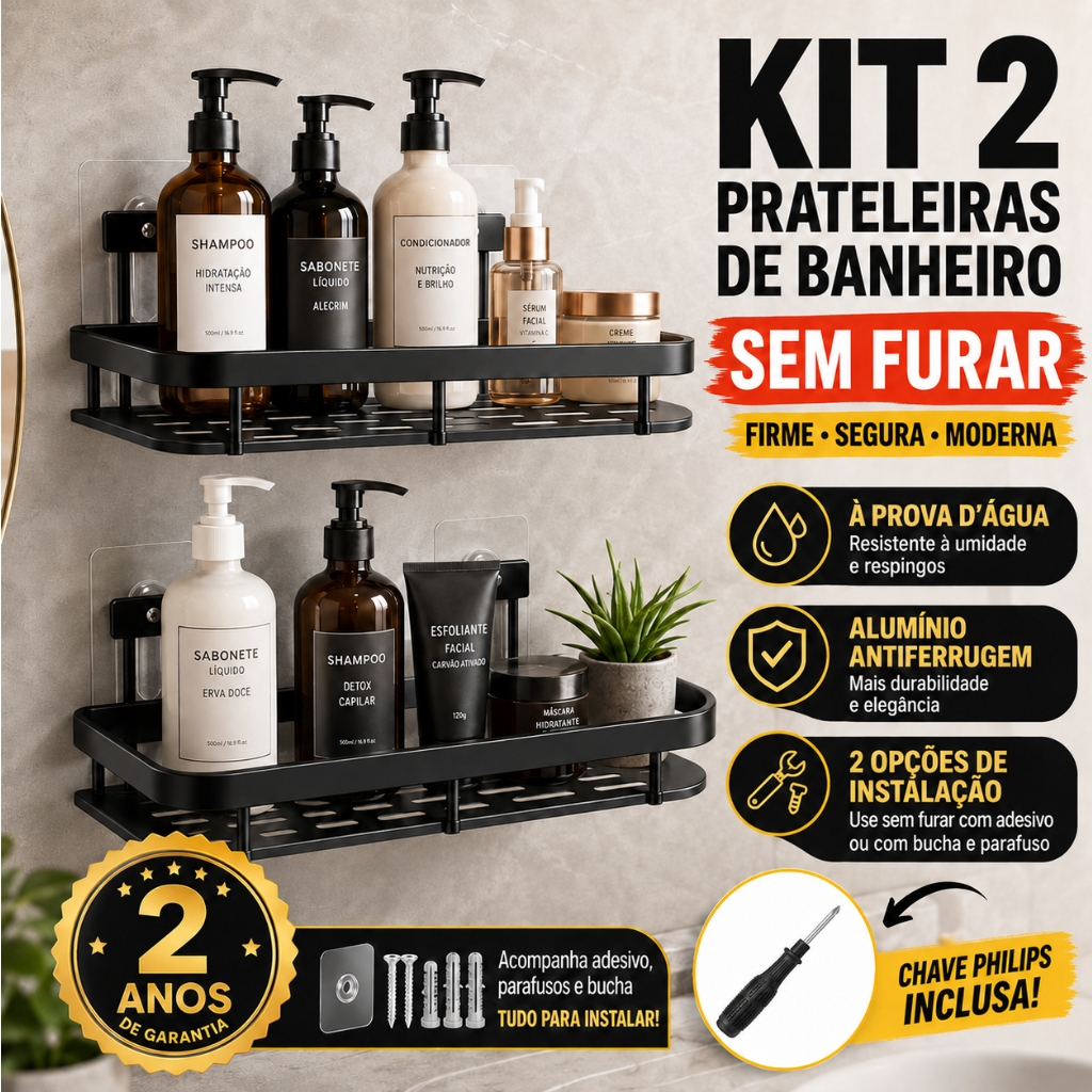 Kit 2 Suporte De Shampoo Prateleiras De Banheiro Sem Furo Adesivo Premium Alumínio Preto