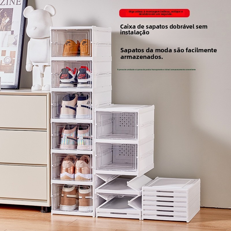Caixa para sapatos dobrável e reforçada, sem necessidade de montagem; caixa organizadora de plástico para sapatos