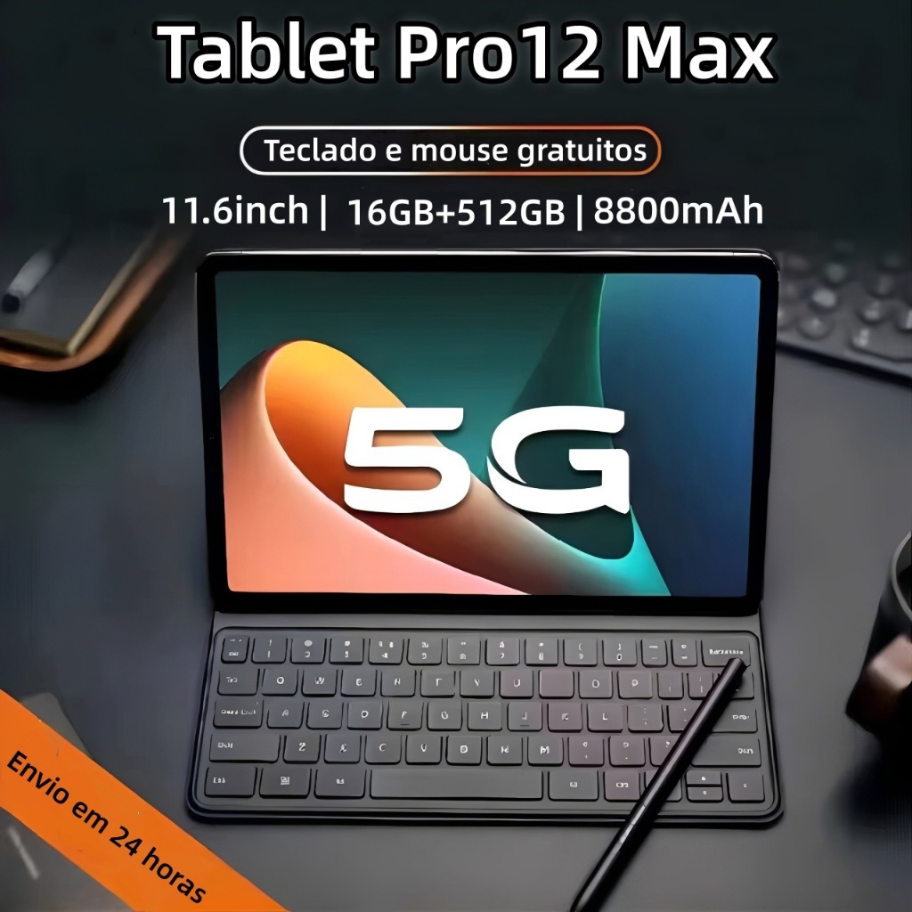 【Teclado e mouse gratuitos】Tablet Pro12 Max  de 11,6 polegadas, 16 GB + 512 GB, 8800 mAh, tela HD Dual SIM para jogos
