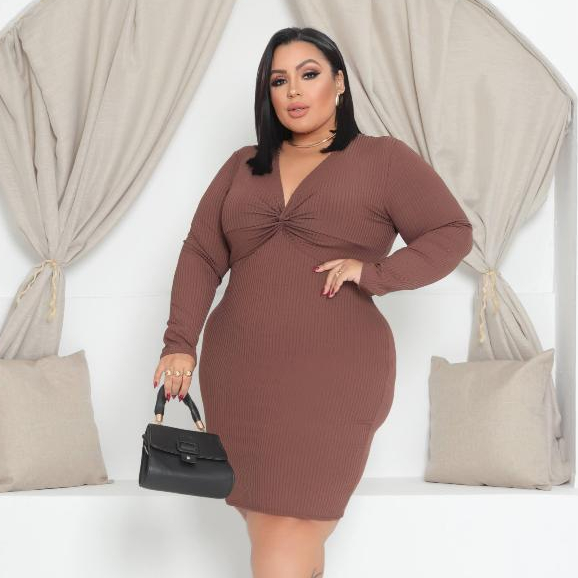 Vestido Feminino Plus Size Canelado Premium Decote V Manga Longa Transpassado Elegante do G1 ao G3