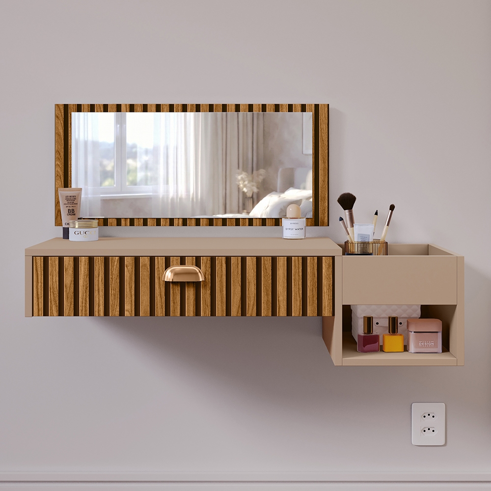 Penteadeira Maquiagem Suspensa Joy closet C/ Espelho, Gaveta, Nicho, Puxador Concha BODY
