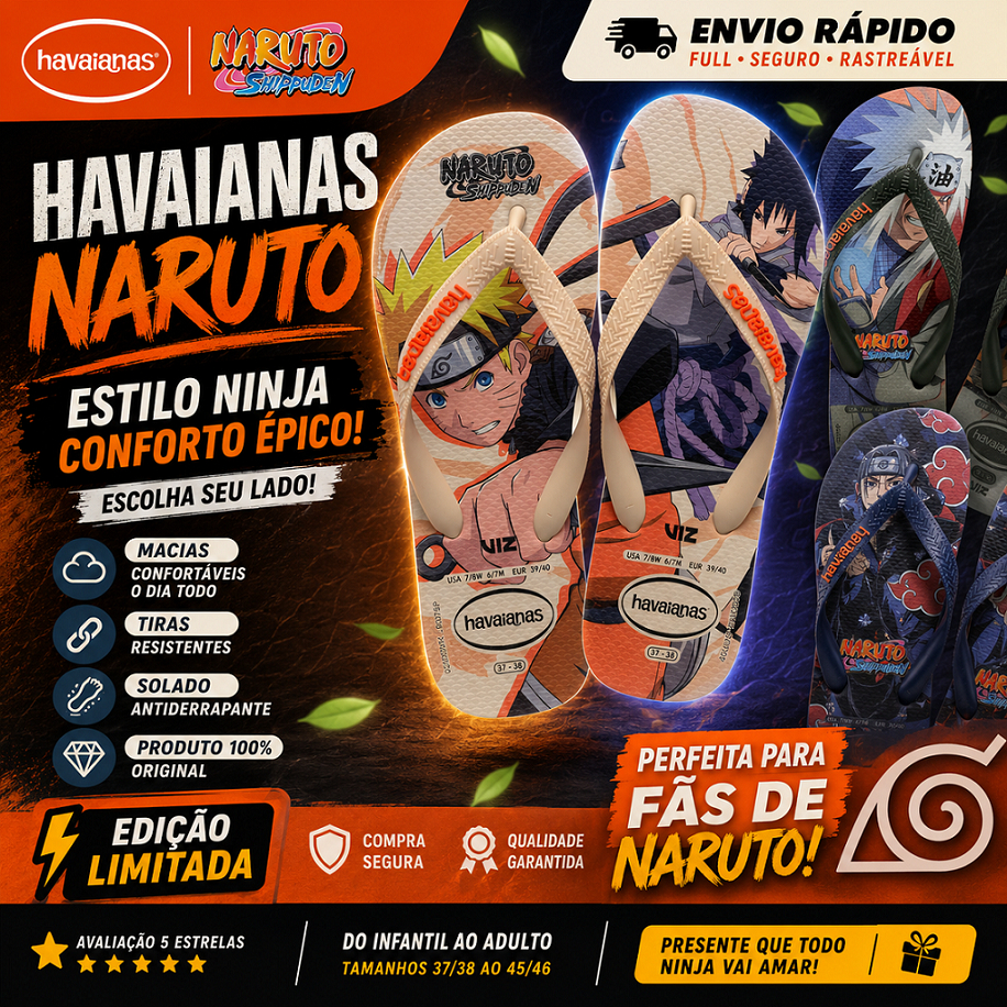 Chinelo Havaianas Naruto Shippuden Original Sandália Anime Confortável Casual Masculino Feminino Presente NF Personagem