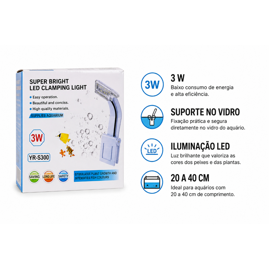 LUMINÁRIA PARA AQUÁRIO, TERRÁRIO E LEITURA - M-180- BIVOLT- 3W- COR : BRANCA - LED