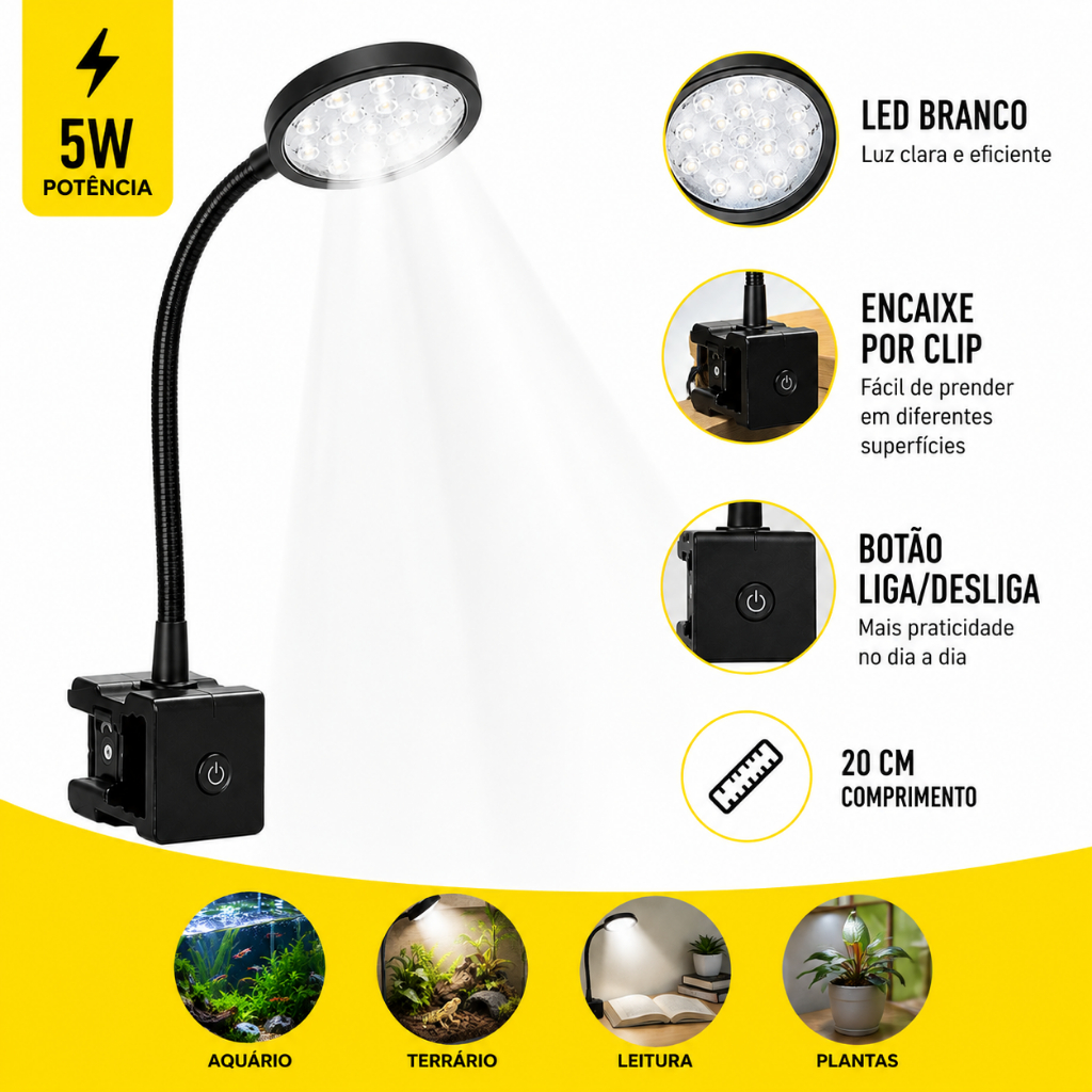 Luminária Para Aquário, Terrário e leitura-  Led Branco -5w -bivolt- Cor: Preta .