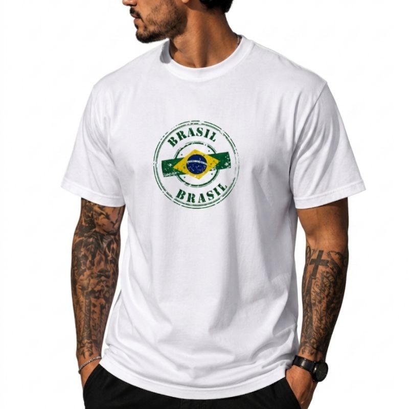 Camiseta Brasil Branca em Algodão Estampa Bandeira do Brasil Unissex Confortável Casual