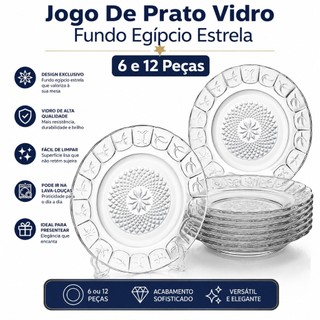 Jogo De Prato Vidro Fundo Egípcio Estrela 6 e 12 Peças Transparente Resistente Jantar Bem…