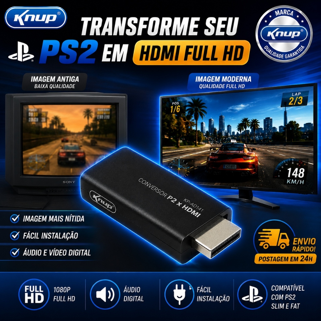 Conversor PS2 Para HDMI Full HD Adaptador Knup Plug Play