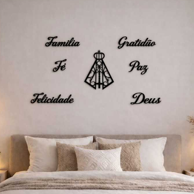 Kit Nossa Senhora Aparecida com Palavras Aplique Decorativo Santa Quadro Enfeite Religioso Artesanato Em MDF 7 Peças