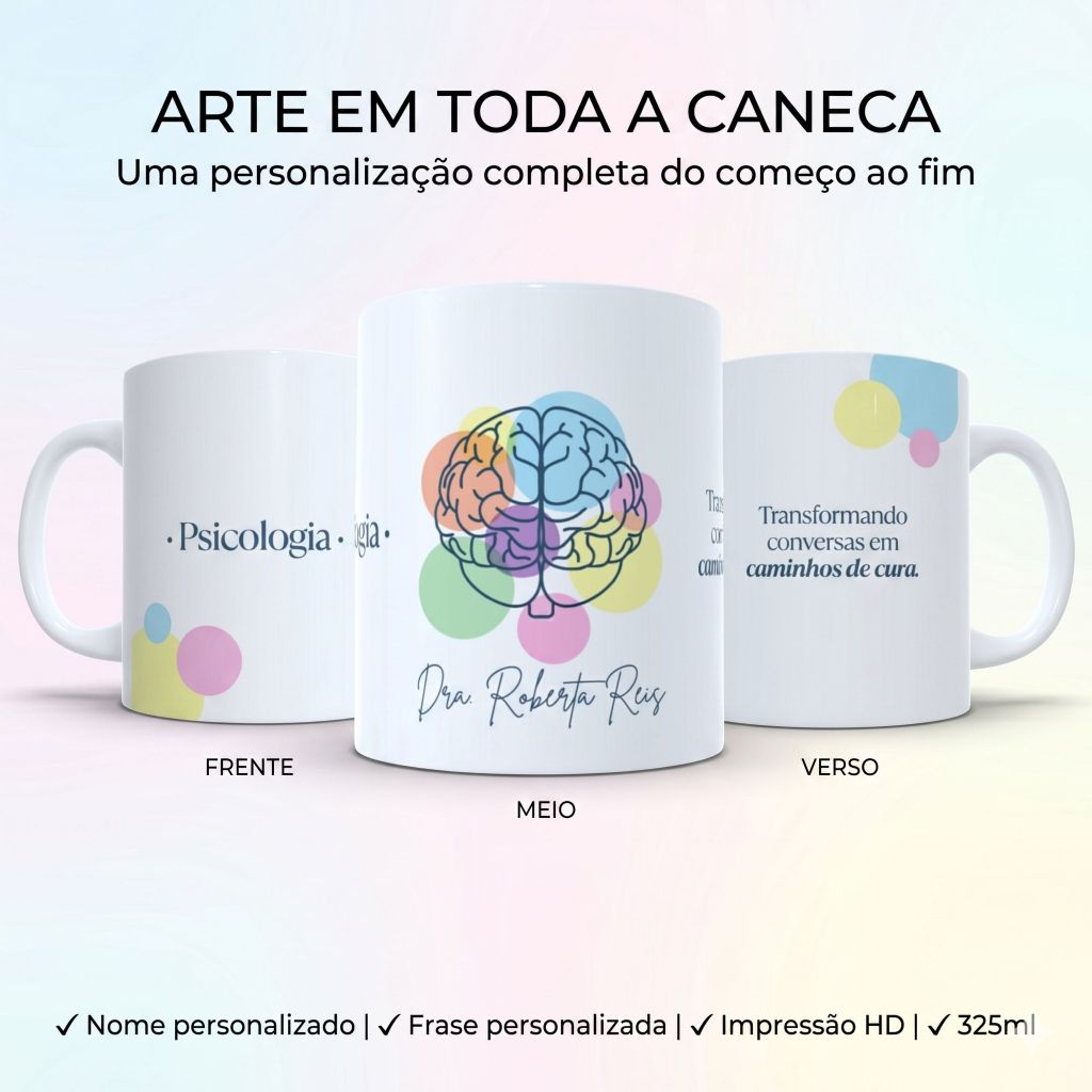 Caneca Psicóloga Personalizada Nome e Frase Psicologia Cerâmica 325ml