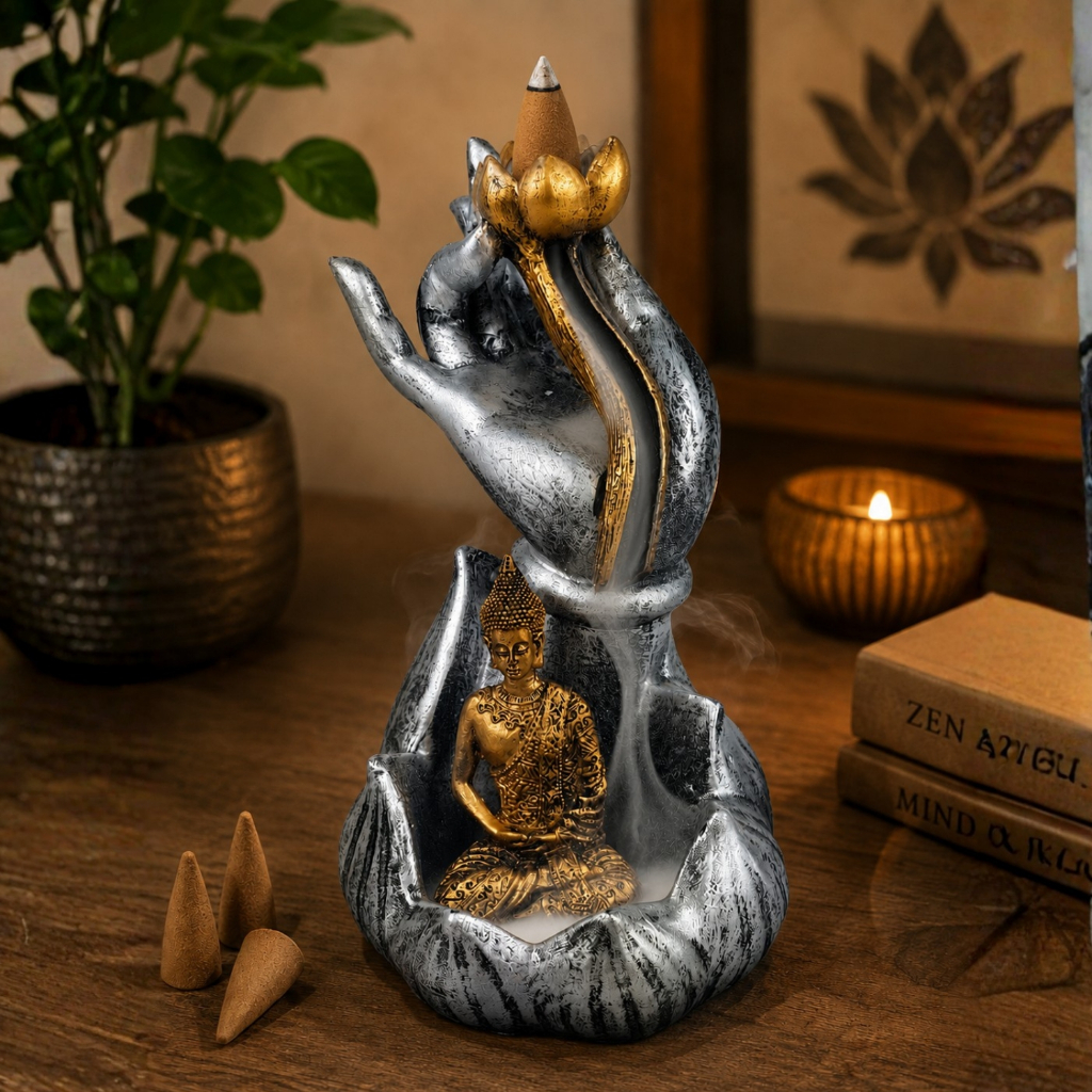Imagem Incensário Cascata Buda Mão Flor de Lótus Resina Decorativo Zen Porta Incenso Cone Backflow