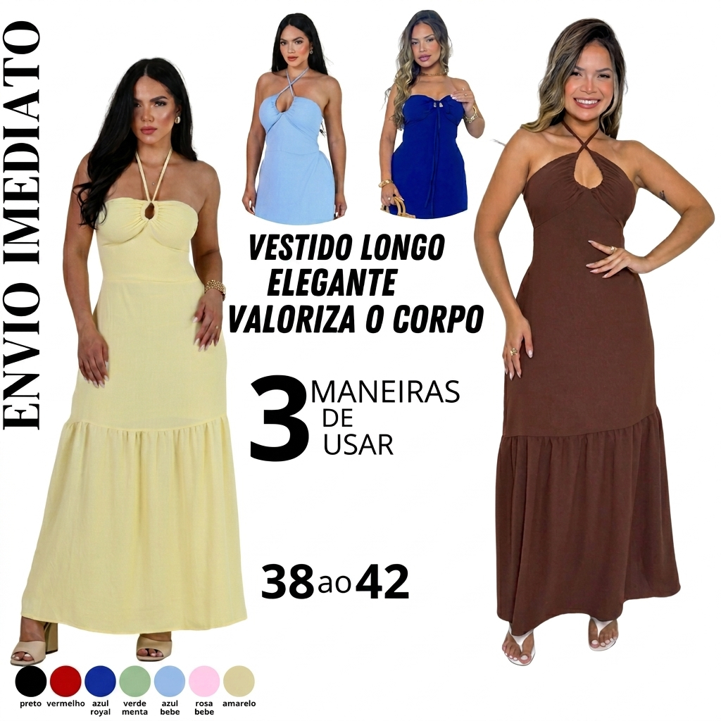 vestido longo feminino liso 3 maneiras de usar.