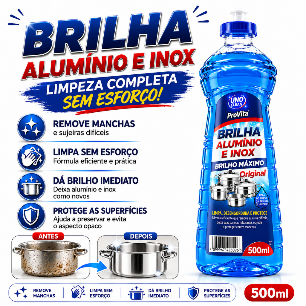 Limpa Alumínio Inox Provita 500ml Limpeza Pesada Brilho Intenso Remove Crostas Manchas Difíceis