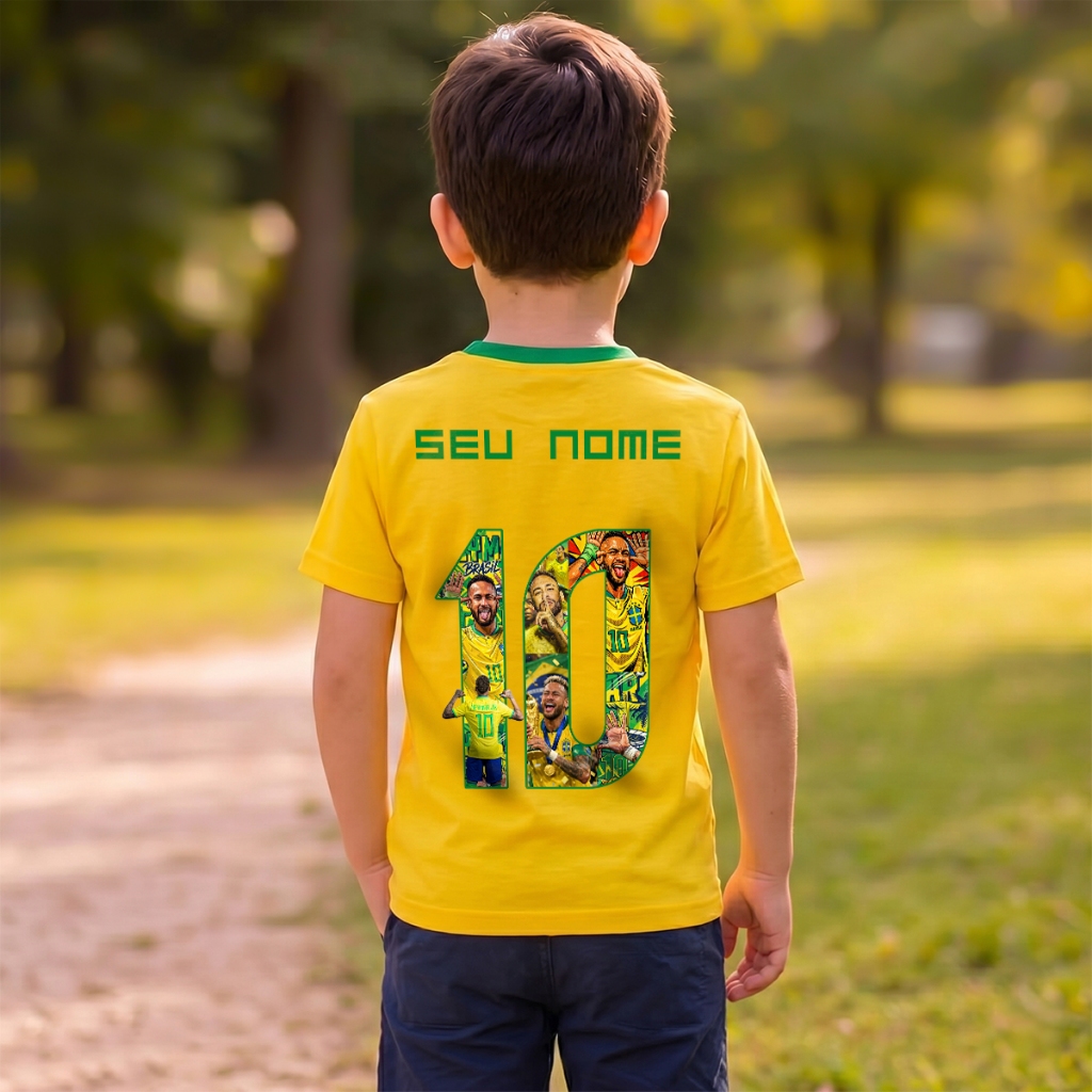 Camiseta Personalizada "Seu nome" Estampado Neymar Infantil Juvenil Copa do Mundo 2026 Tamanho 2 ao 16 Algodão