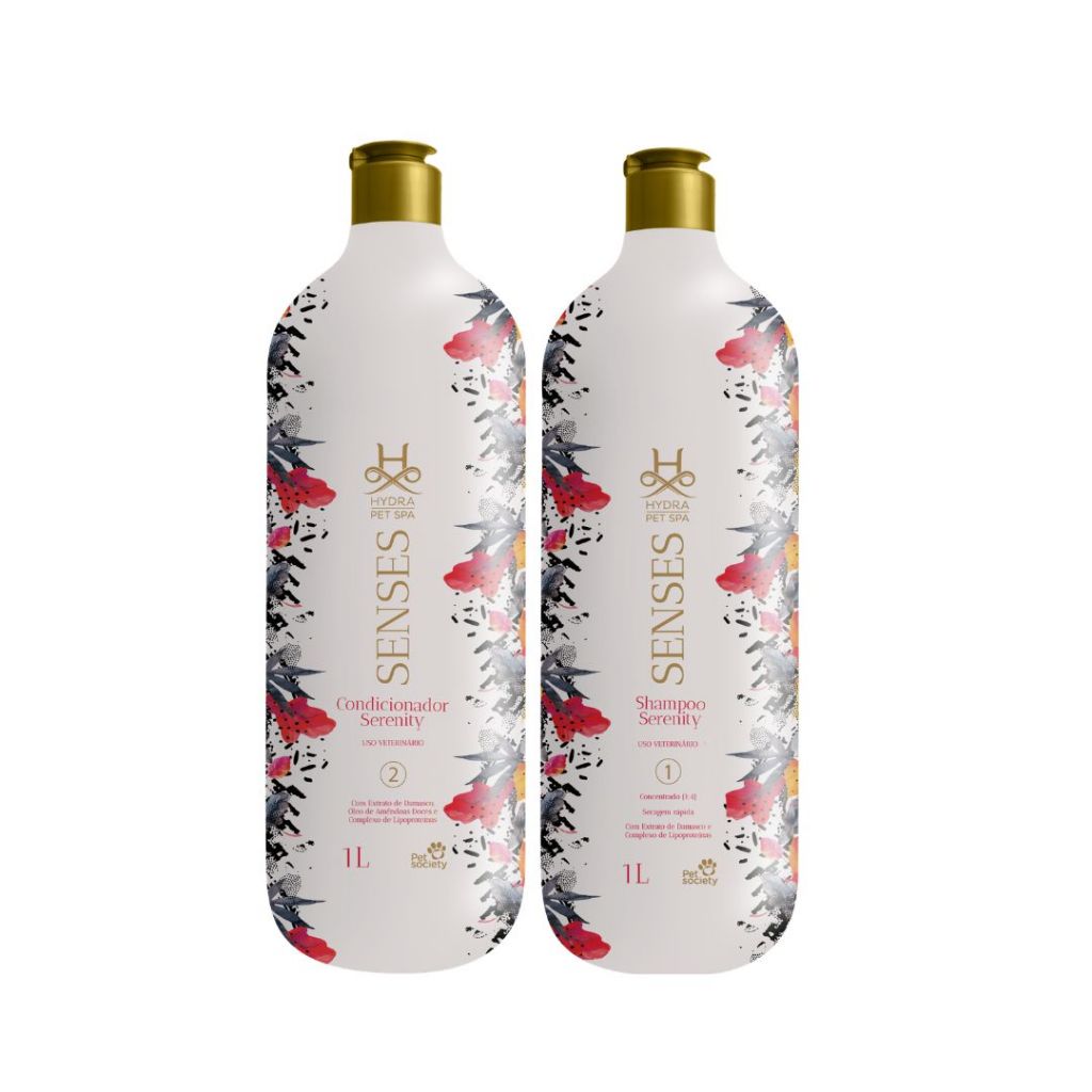 Kit Shampoo + Condicionador Cães Gatos Hydra Pet Spa Senses Serenity 1L Extrato de Damasco