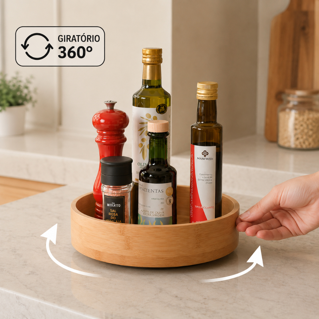 Organizador Giratório Redondo Bambu Alto Multiuso OU 360 ° Premium Cozinha Pia Temperos Armário Maquiagem