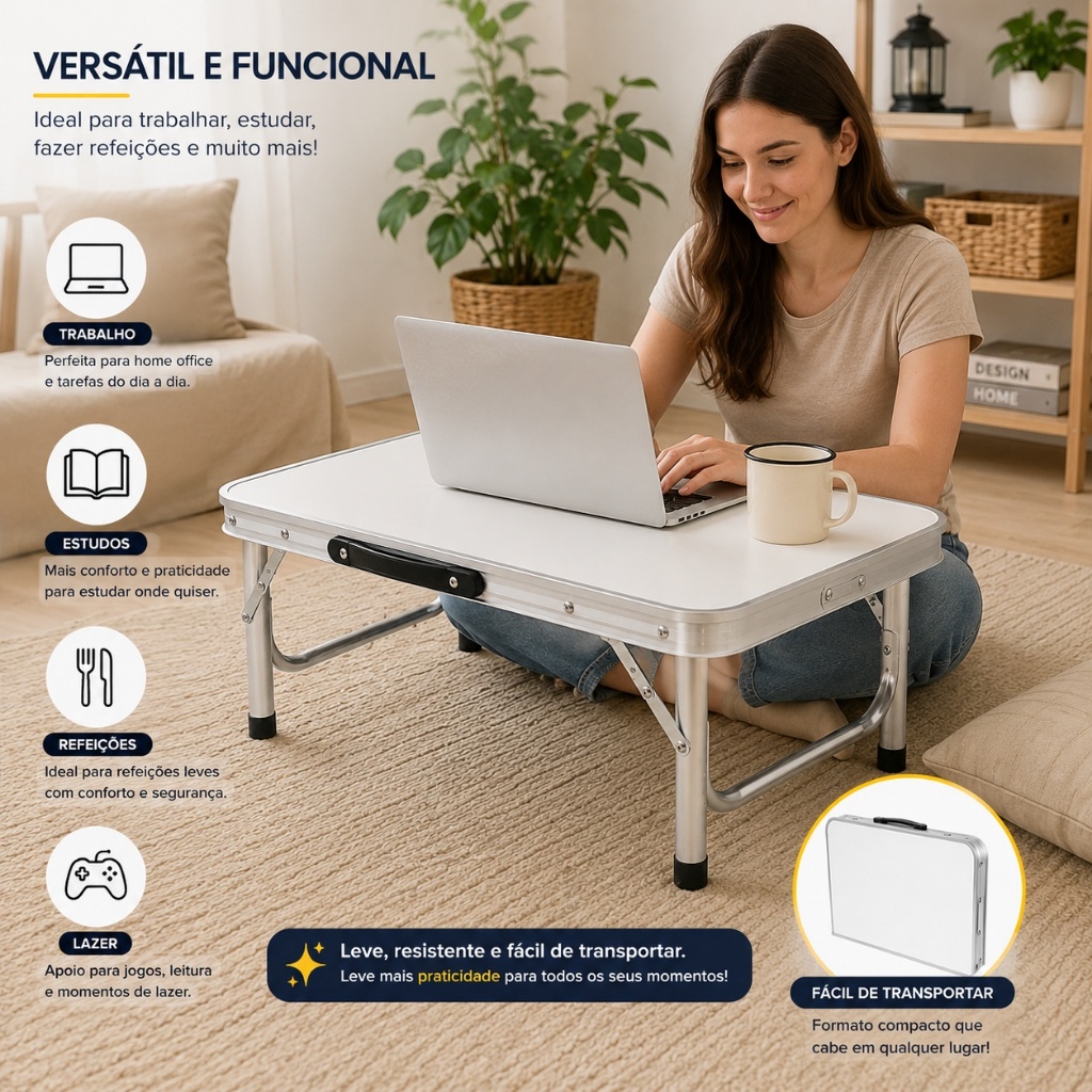Mesa Dobrável Portátil Branca em Alumínio 60x45 – Compacta, Leve e Multifuncional — imagem 2 de 2