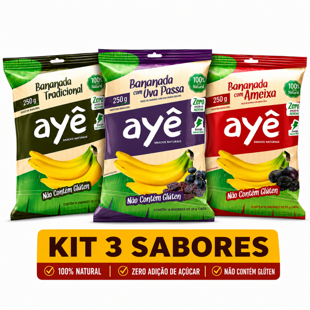 KIT 3 Pacotes  Bananada Natural Sem Açúcar AYE - Bananinha zero açúcar 3 Sabores 750g 100% Natural Sem Glúten