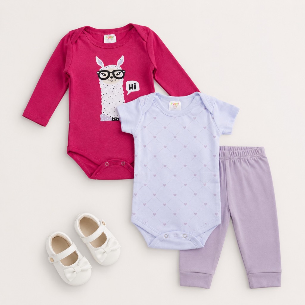 Kit Body Bebê Feminino 3 Peças Algodão Manga Longa e Curta com Calça Punho Estampado Silk Infantil Estampa Fofa