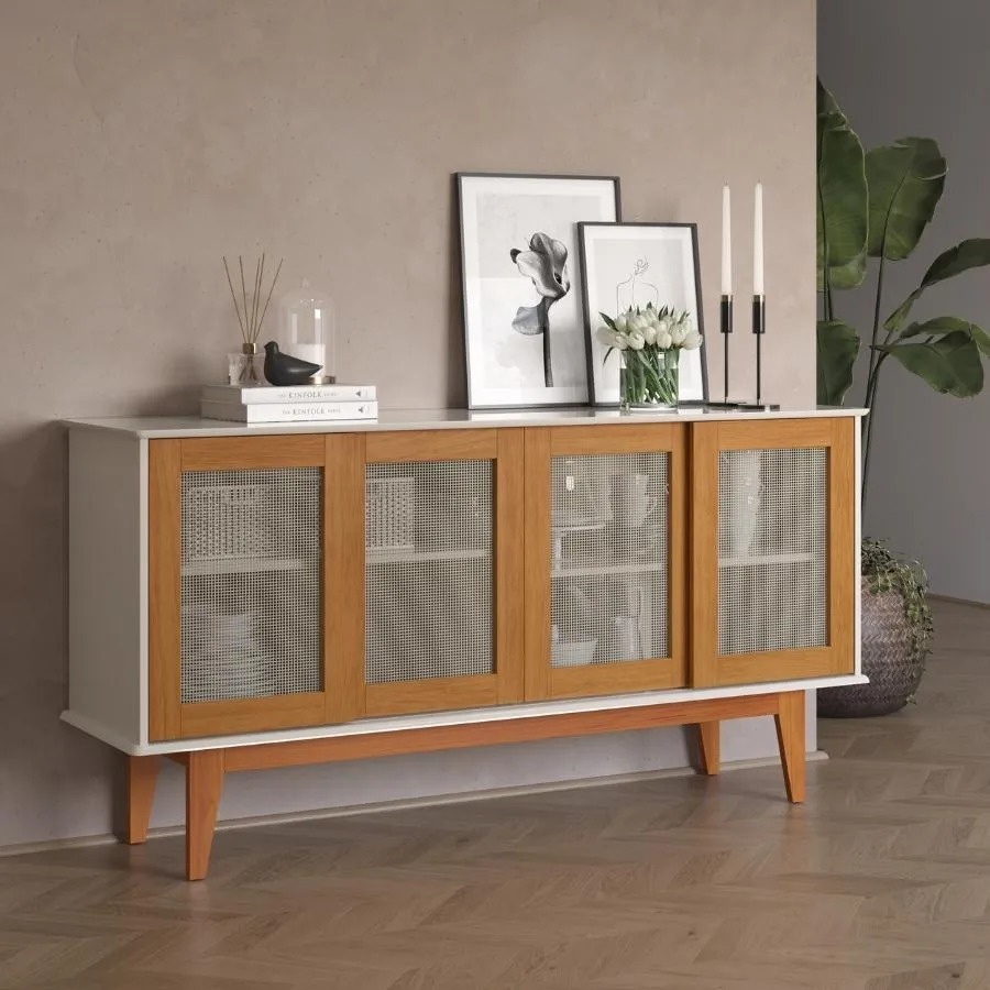 Aparador Sofisticado Buffet Elegante Detroit 4 Portas Correr Tela Sintética Base Madeira Para Sala Jantar Estar Recepção
