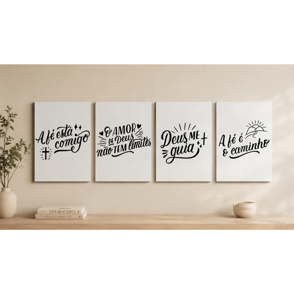 Kit 4 Quadros Decorativos Evangélico Frases De Fé Deus Me Guia Placa Decorativa Cristã Religiosa Sala Quarto MDF