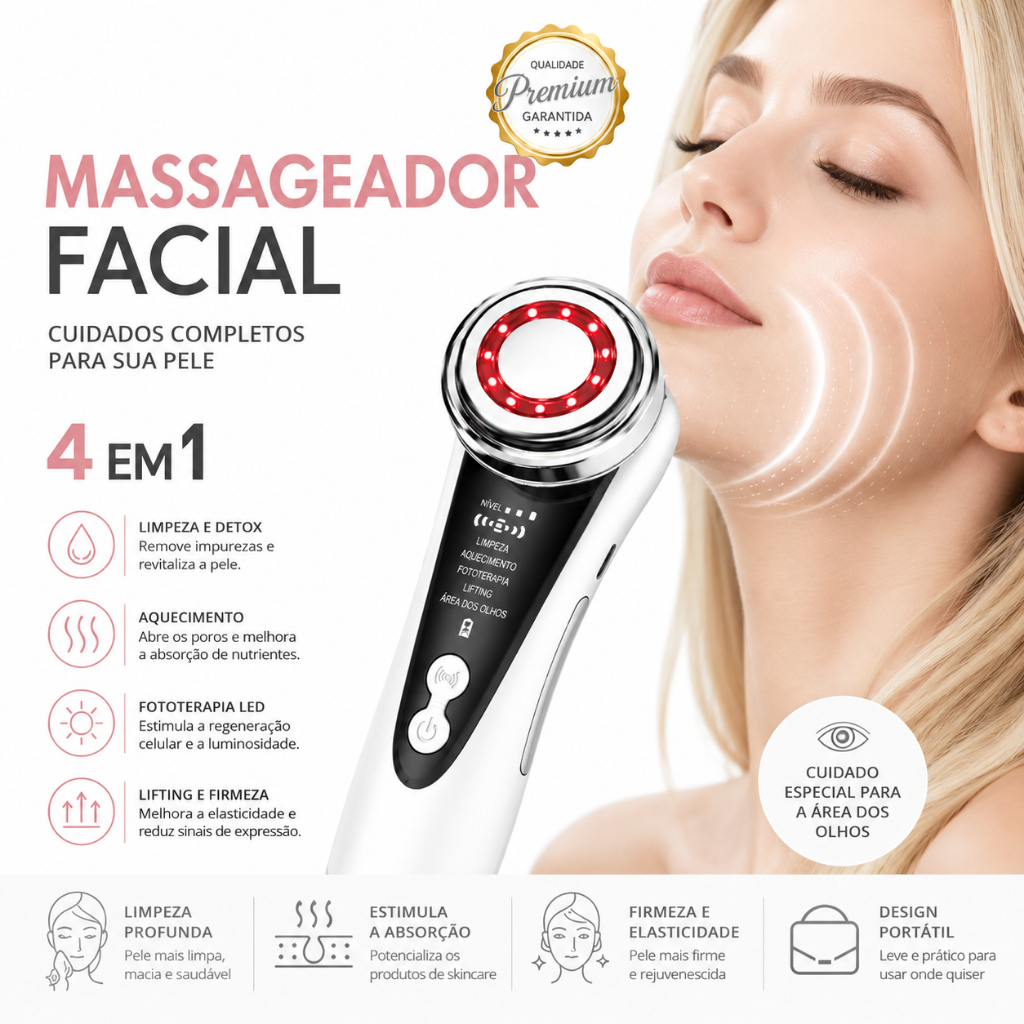 4 Em 1 Massageador Facial LED Luz Vermelha e Azul Rejuvenescimento Facial Anti Idade Limpeza Facial Lifting Olhos