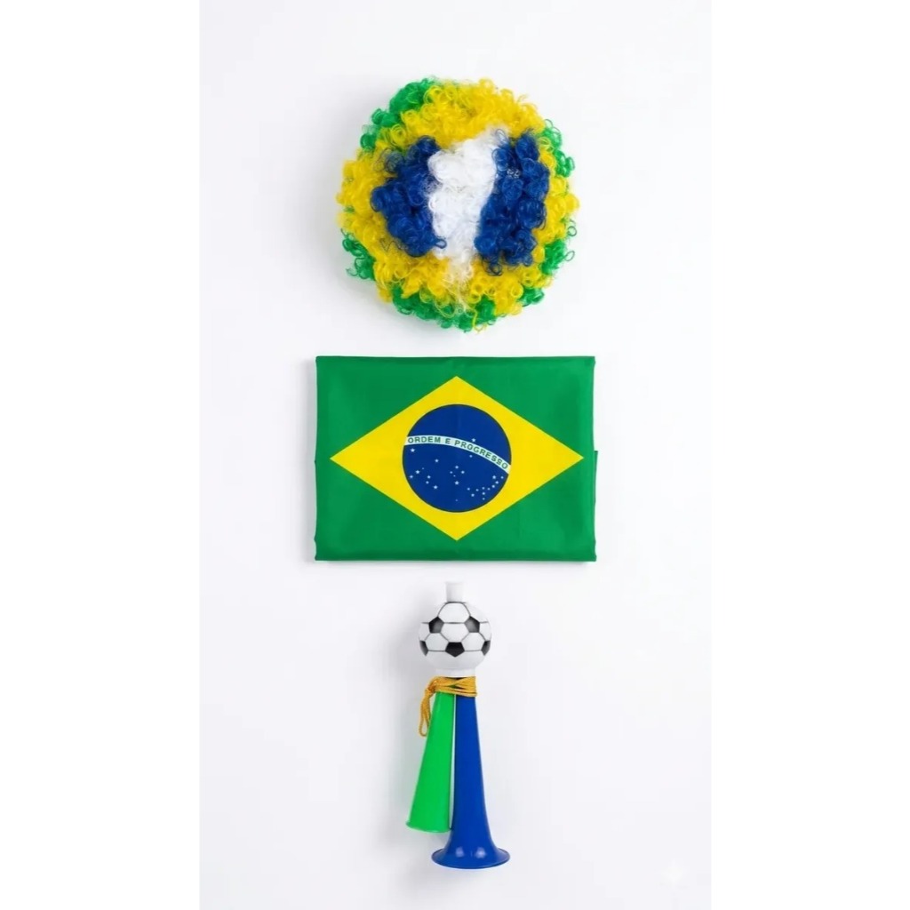 Kit Torcedor Brasil Copa Do Mundo Peruca Bandeira Corneta Torcida