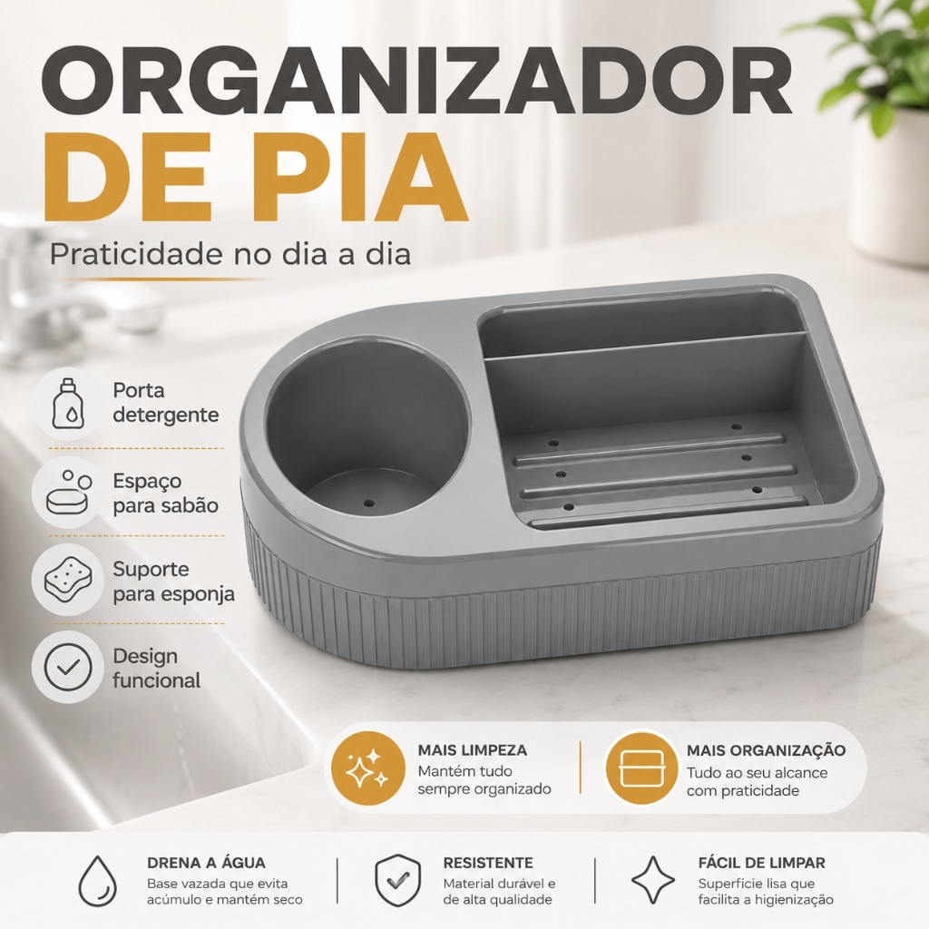 Organizador de Pia 3 em 1 – Porta Detergente, Sabão e Esponja