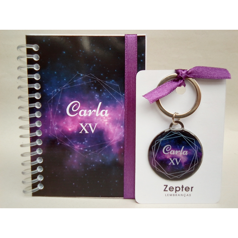 15 Kits Bloquinho e Chaveiro Lembrancinha Personalizada Festa Aniversário de 15 Anos Tema Galáxia