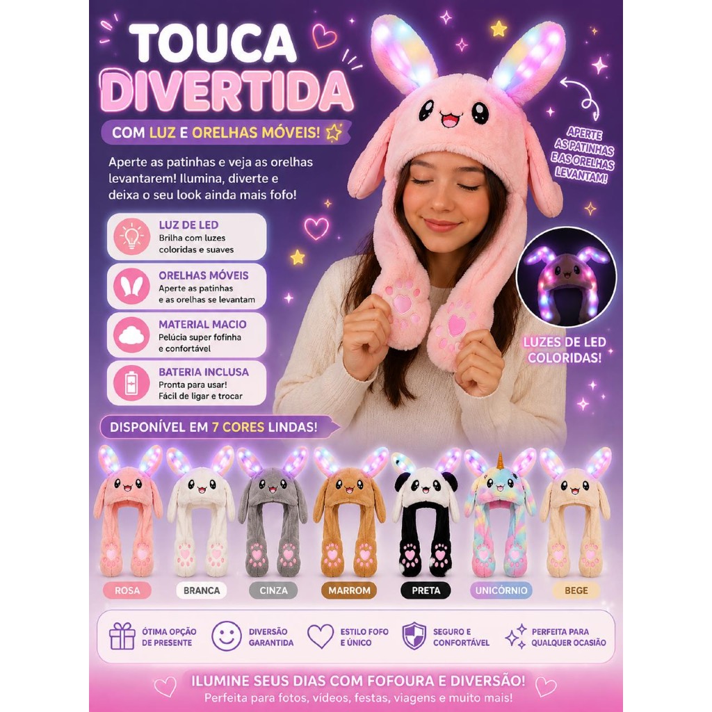 Touca Divertida LED Orelhas Móveis Coelho Panda Unicórnio Pelúcia 7 Cores