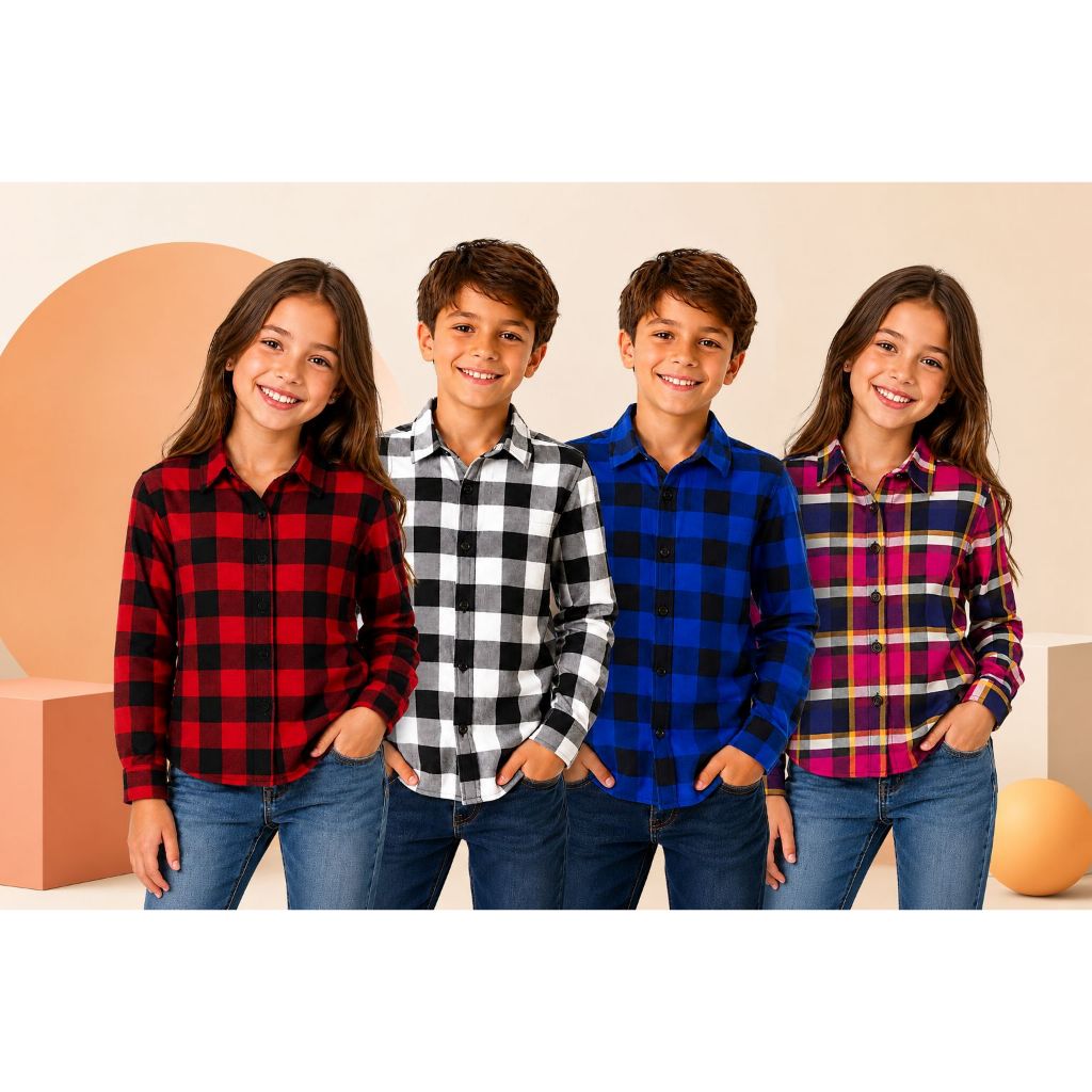 Camisa Xadrez Unissex/ Xadrez Juvenil menina e menino Manga longa em viscose premium/ Festa Junina