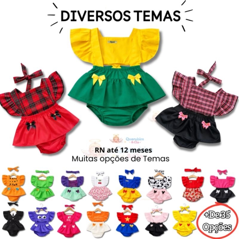 Jardineira Romper Body Tematico Mesversario Bebe Menina Festa Junina Ensaio Fantasia Diversos Temas 1 a 12 mes Sao João