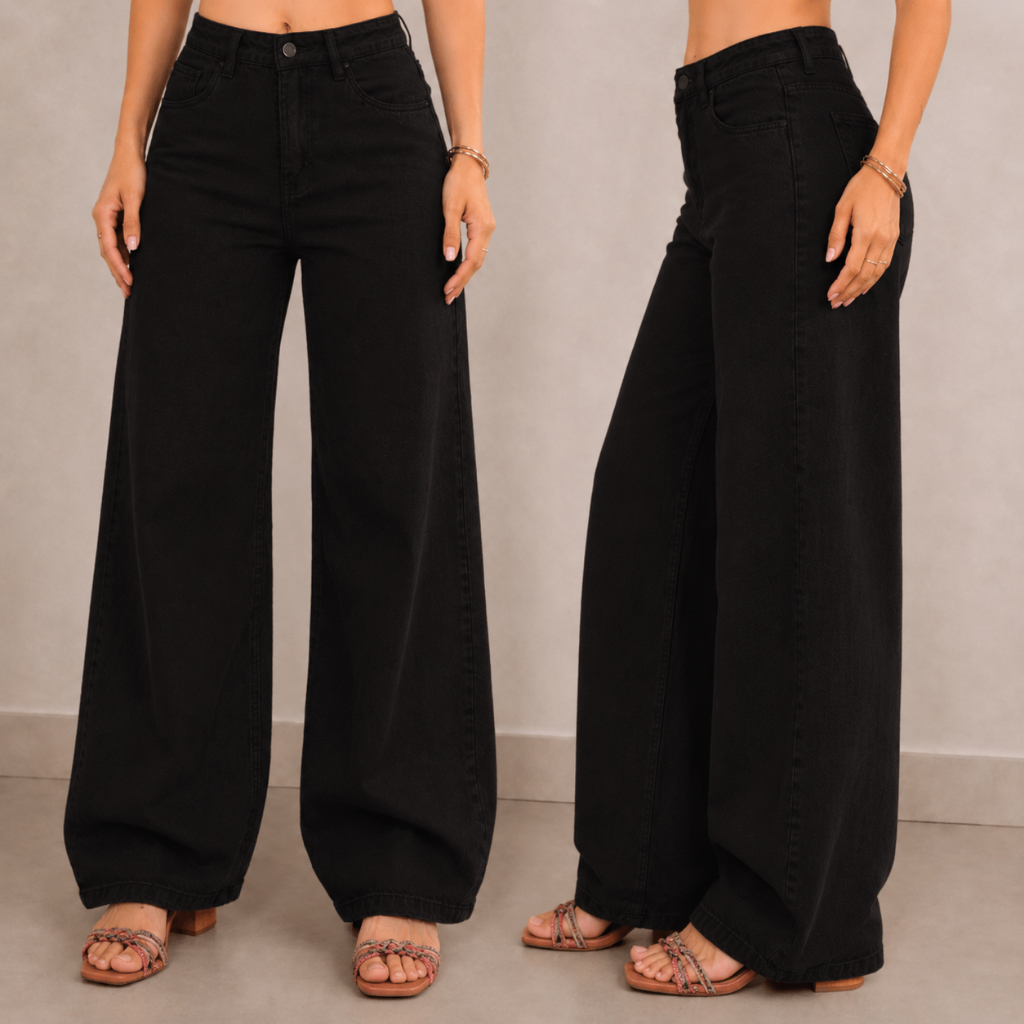 Calça Jeans Wide Leg Feminina Cintura Alta Pantalona Premium Moda Perna Larga Blogueira