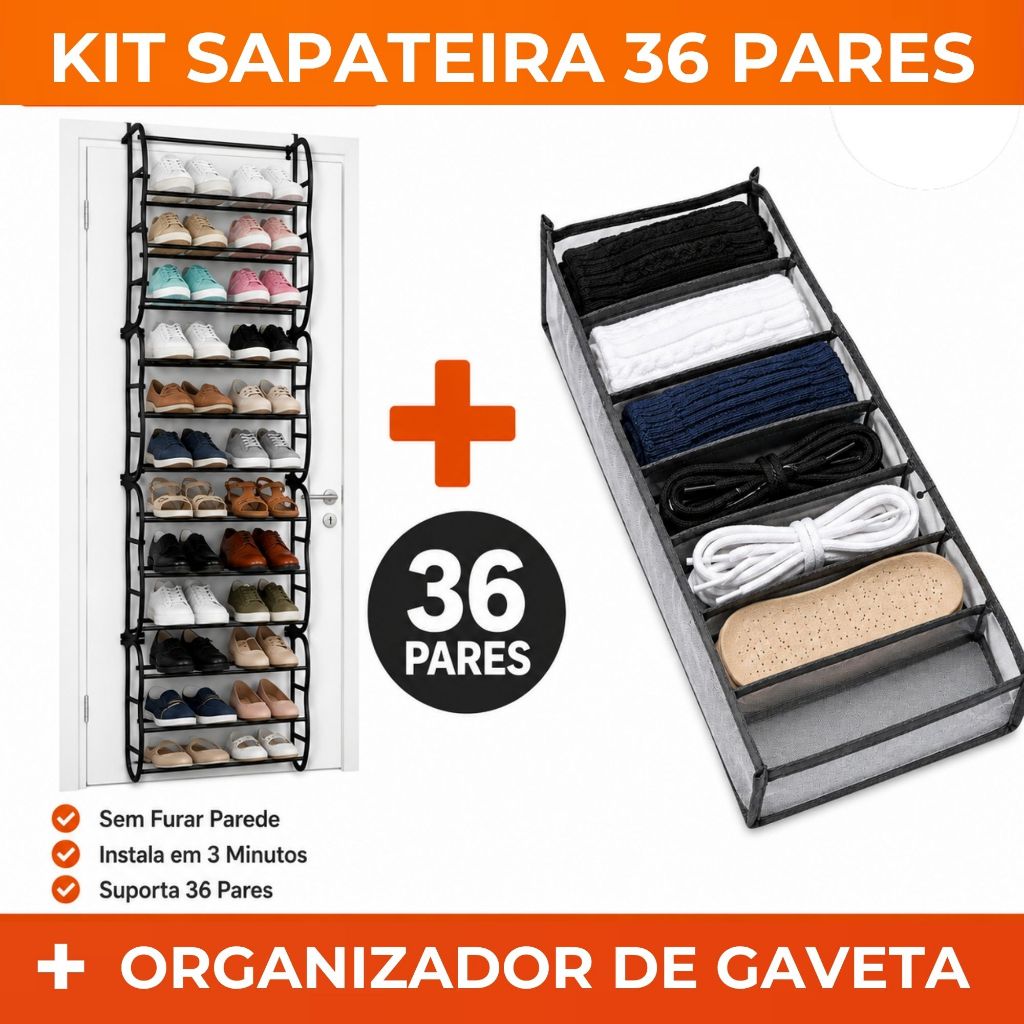 Sapateira Organizadora 36 Pares Porta Parede Kit + Organizador Gaveta 7 Compartimentos Quarto Closet Armário