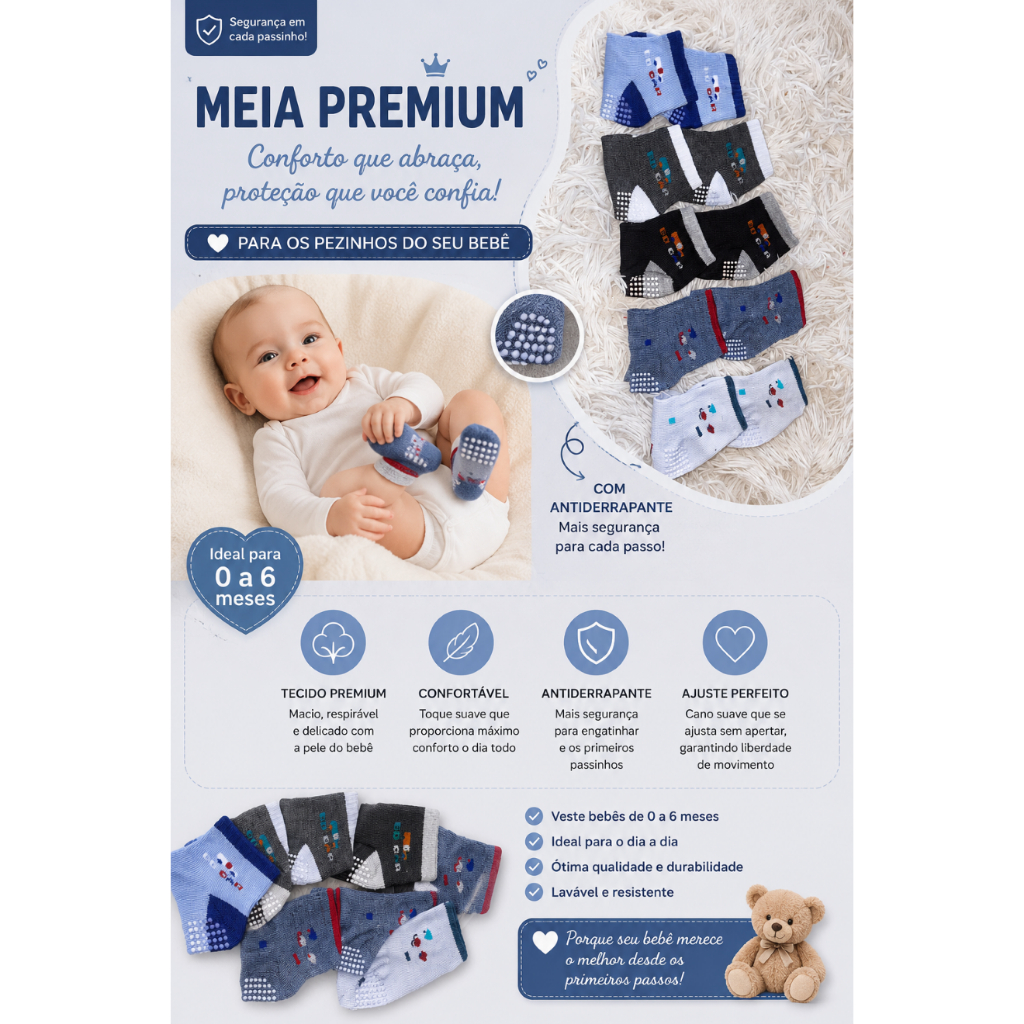 Kit Meias Bebê Antiderrapantes 0 a 6 Meses Masculina com 3 a 12 Pares Confortável Estampas Sortidas