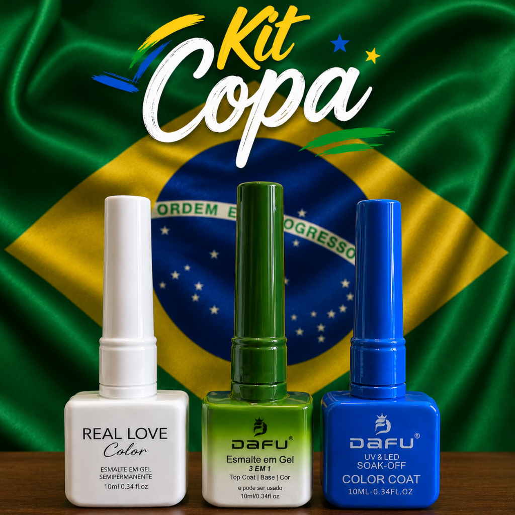 Kit Esmalte em Gel Trio Brasil Dafu/Real Love Amarelo Verde Azul/ Branco/ Loveyes UV LED Prof Longa Duração