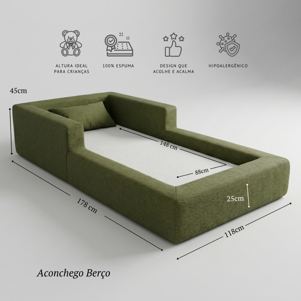 Cama Montessoriana Berço Aconchego 100% Espuma Verde Militar Keiko