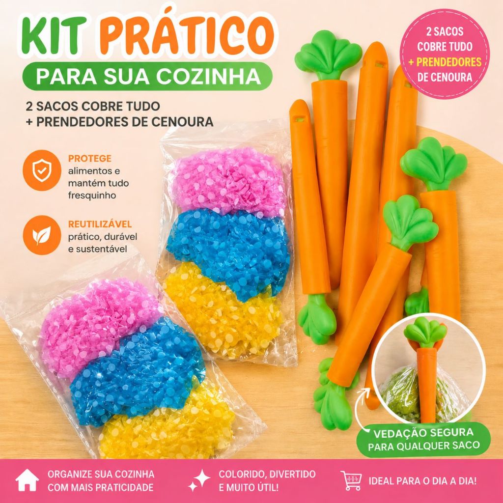 Kit Prendedor de Alimentos Cenoura – 6 unidades cozinha criativa prendedor guardar alimento cobre tudo plástico