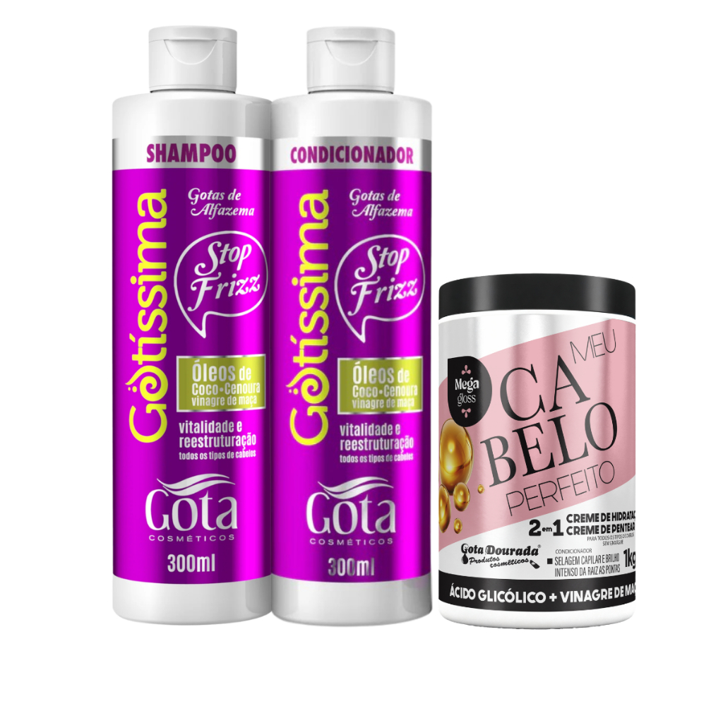 Kit Gota Dourada Gotas De Alfazema Shampoo e Condicionador 300ml e Creme 2 em 1 Cabelo Perfeito Vinagre de Maçã 1Kg