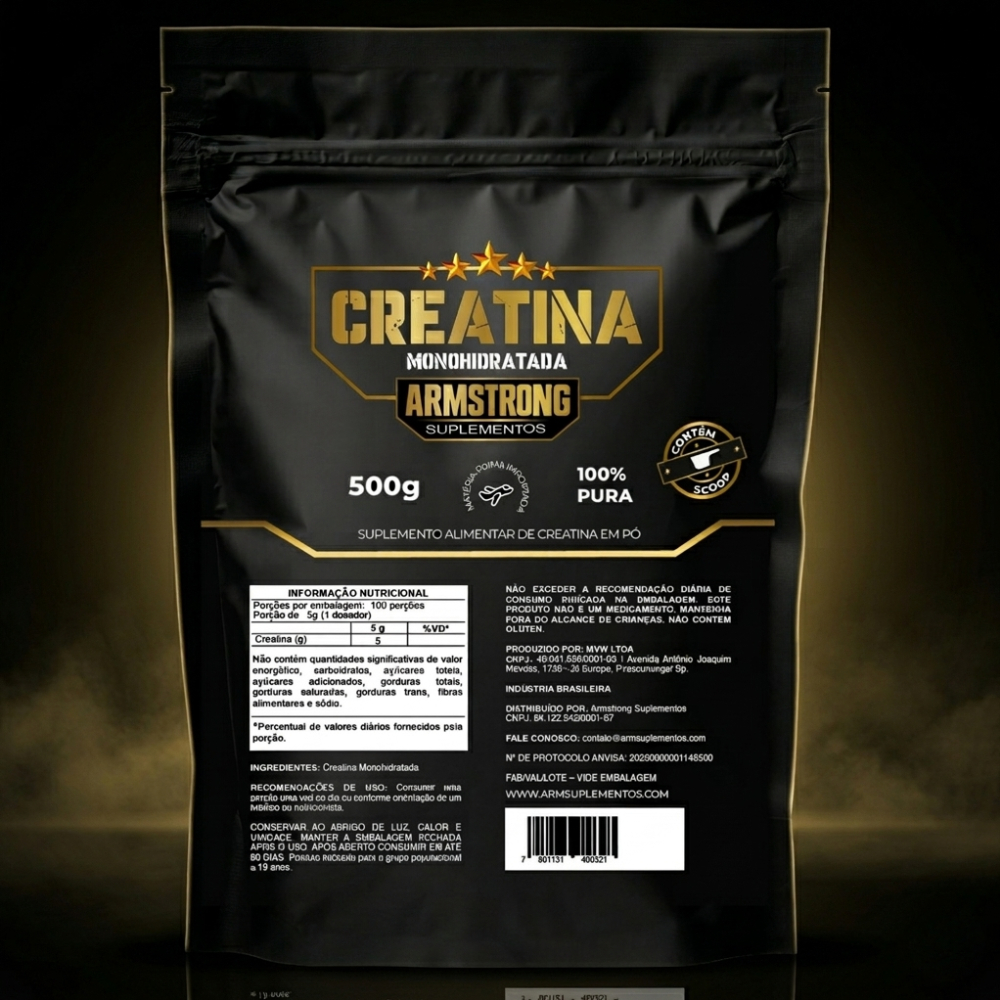 Creatina Suplemento Monohidratada em Pó 100% Pura Importada - 500g Armstrong Suplemento