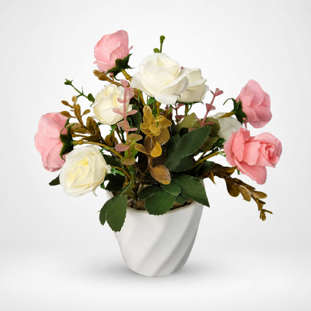 Arranjo Rosas Artificiais Rosa e Branca Com Vaso Decorativo Para Sala