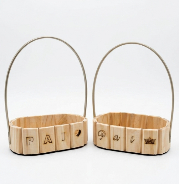 Kit 10 Cestas Personalizadas para Dia dos Pais 18cm Madeira Pinus com Nome Presente Criativo e Exclusivo Alça Refrooçad
