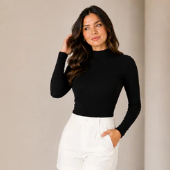 Blusa Canelada Gola Alta e Manga Longa Tendencia