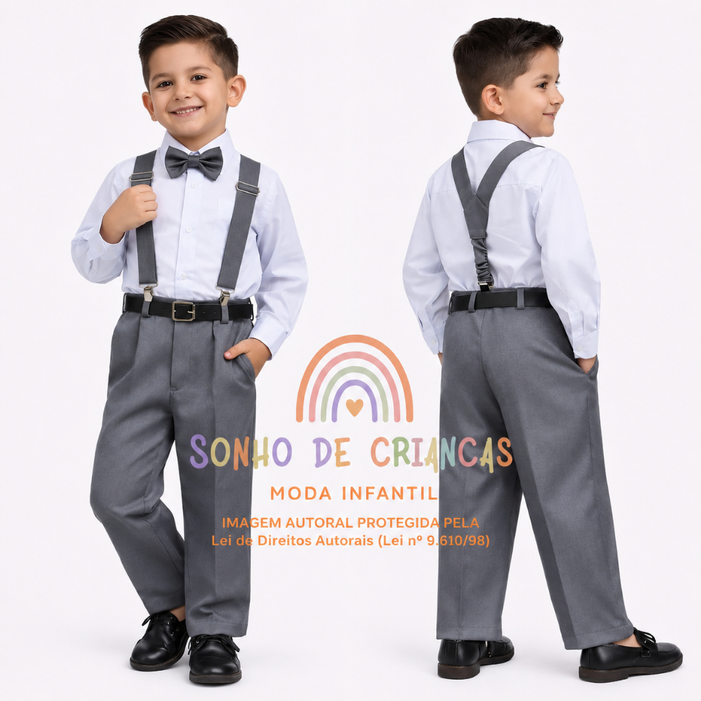 Conjunto Infantil Social Menino Camisa Calça Cinza Grafite com Suspensório e Gravata