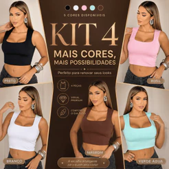 Kit 4 Blusinha Suplex Mulher Cropped Feminino Regata Premium Forrada Modeladora Preto Branco Marrom