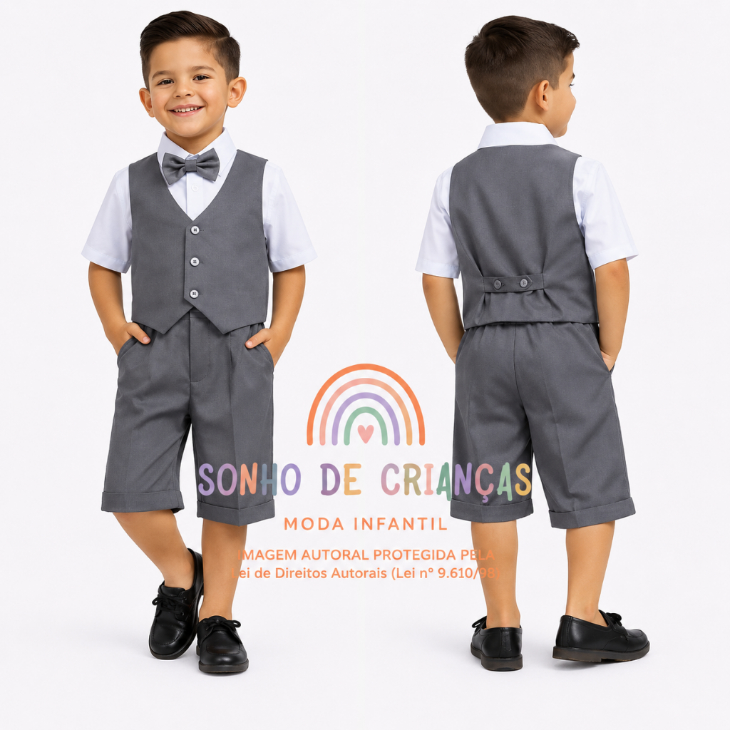Conjunto Social Infantil Menino Cinza Camisa Colete Gravata Short Casamento Festa Batizado