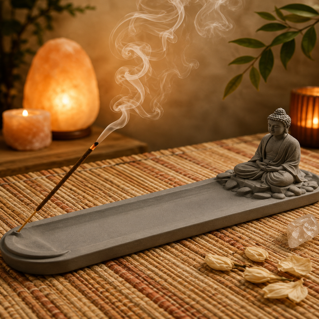 Imagem Porta Incenso Incensário Buda Decoração Zen Yoga Meditação Aromaterapia Cascata Fumaça Cores Kit